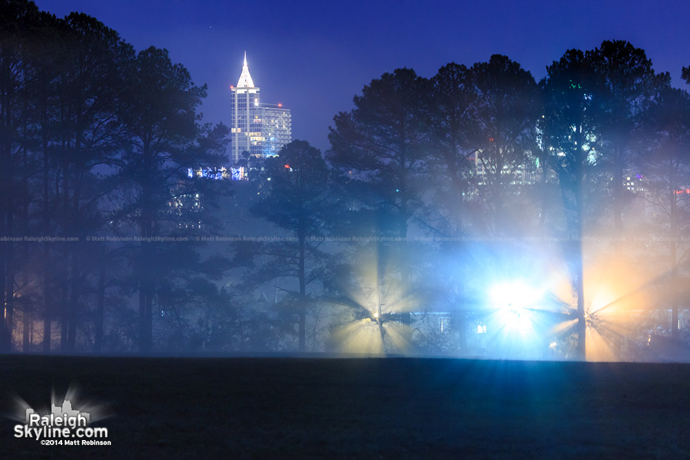 Downtown Raleigh at night with surface fog rays