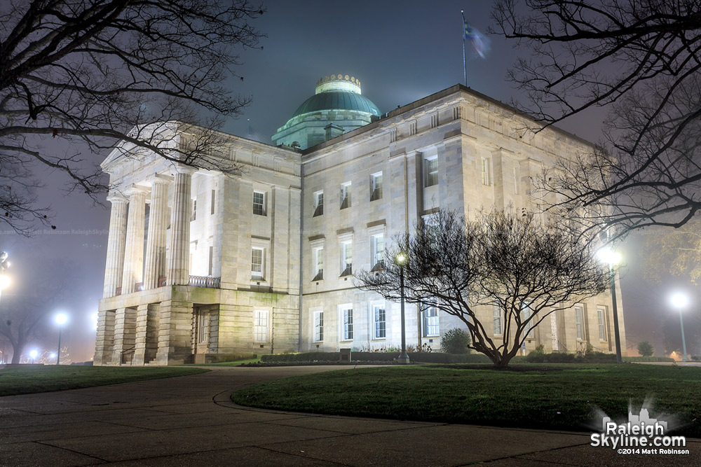 North Carolina State Capitol Building on a foggy night