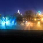 Raleigh Skyline with fog bursts at night