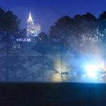 Downtown Raleigh at night with surface fog rays