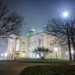 North Carolina State Capitol Building on a foggy night