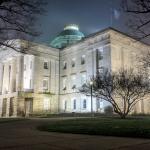 North Carolina State Capitol Building on a foggy night