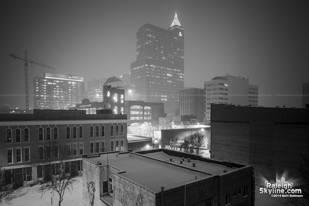 Black and white snowy city at night, Raleigh