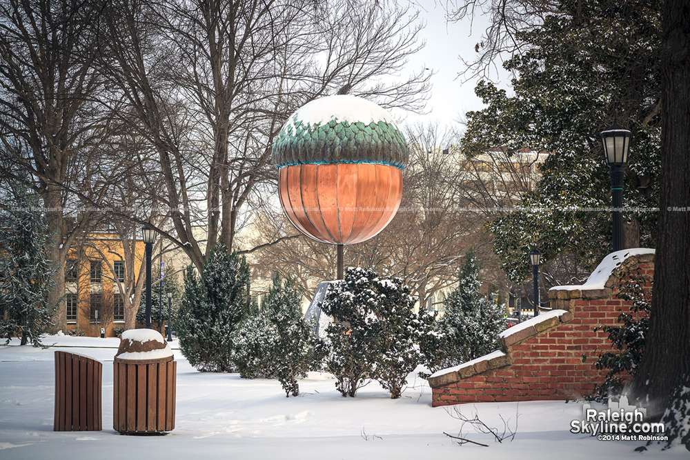 Giant Acorn in Moore Square with snow