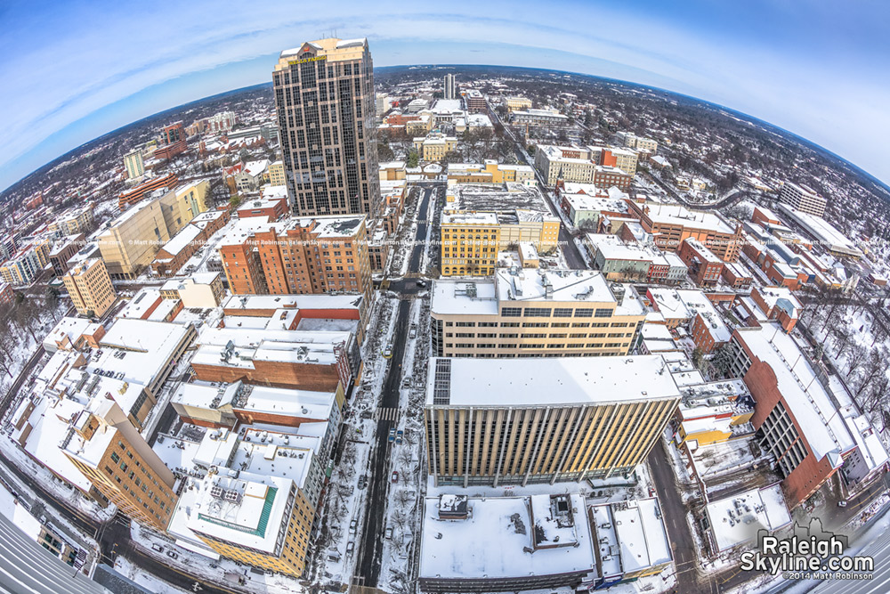 Fisheye of snow-cover over downtown Raleigh