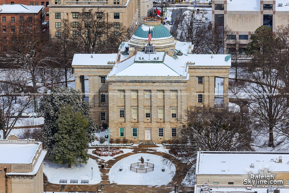 View of snow covered NC State Capitol from PNC Plaza