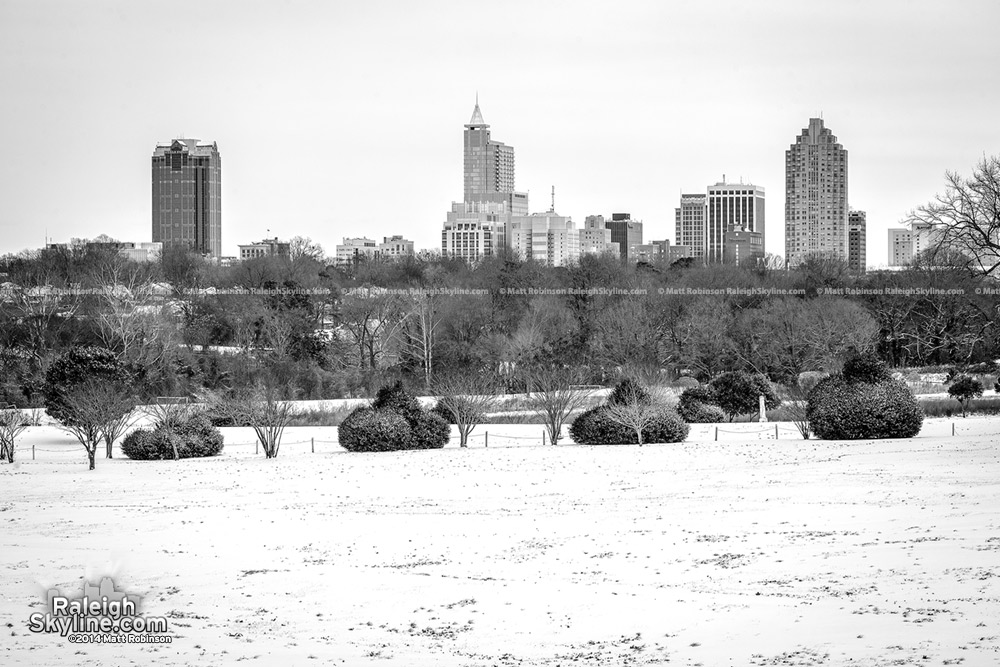 Snow covered Black and White Raleigh skyline