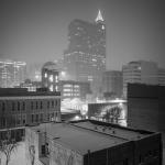 Black and white snowy city at night, Raleigh