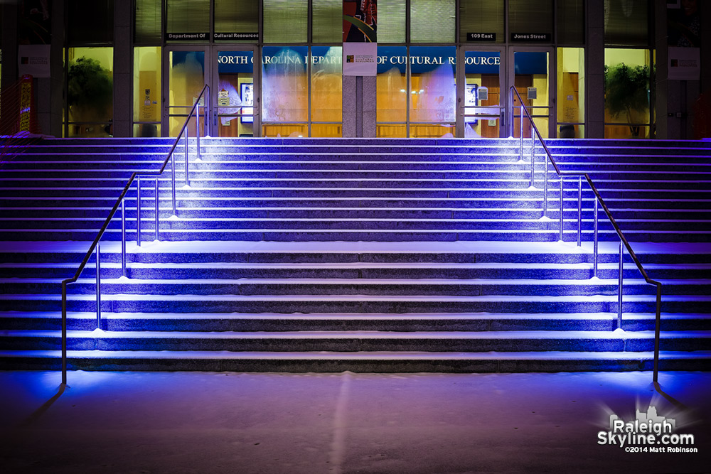 LED lights on snow covered steps