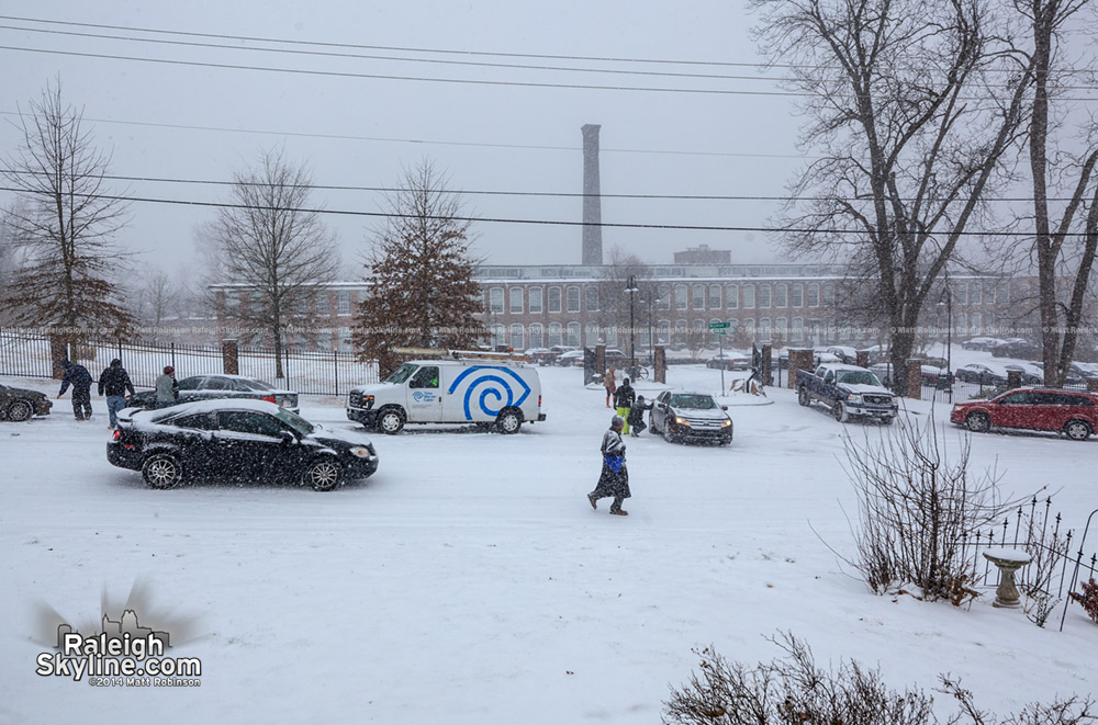 Snowy scene on Maywood Avenue across from Caraleigh Mills