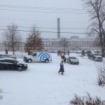 Snowy scene on Maywood Avenue across from Caraleigh Mills