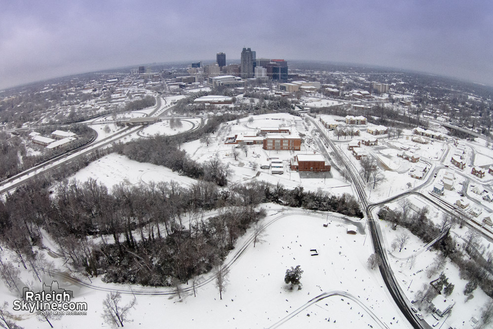 Aerial south of downtown Raleigh in the snow