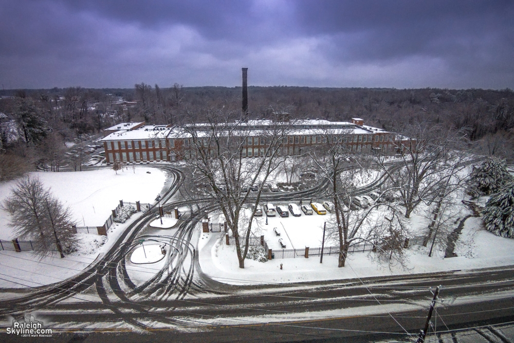 Aerial of Caraleigh Mills in the Snow