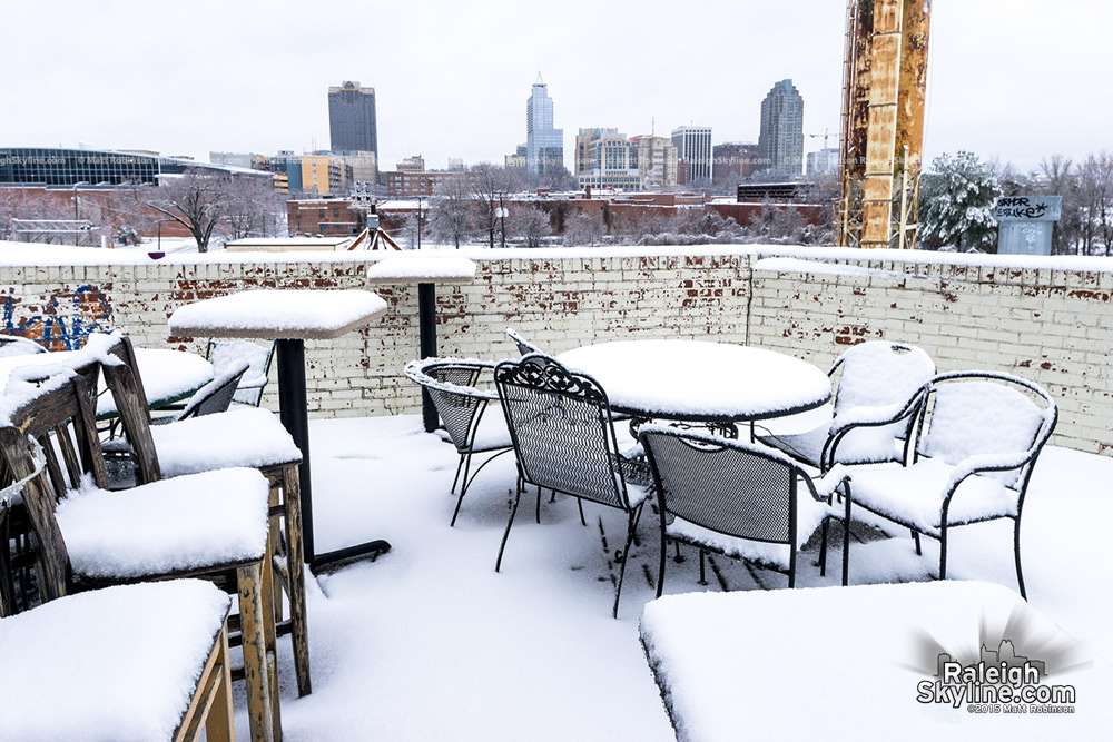 Snow covers the Brewpub with Raleigh