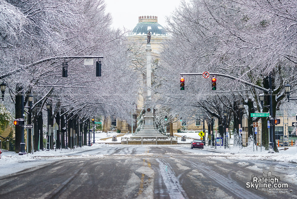 Looking down Hillsborough street in the snow