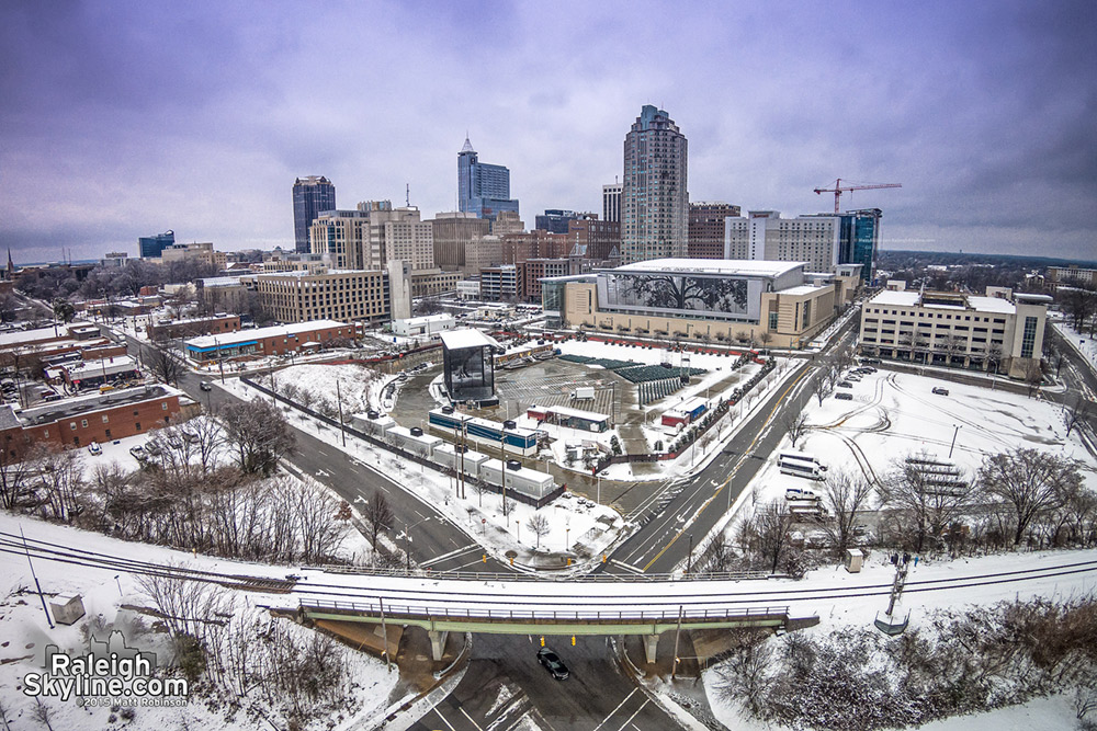 Aerial of Downtown Raleigh in the snow - Dawson and Lenoir Streets