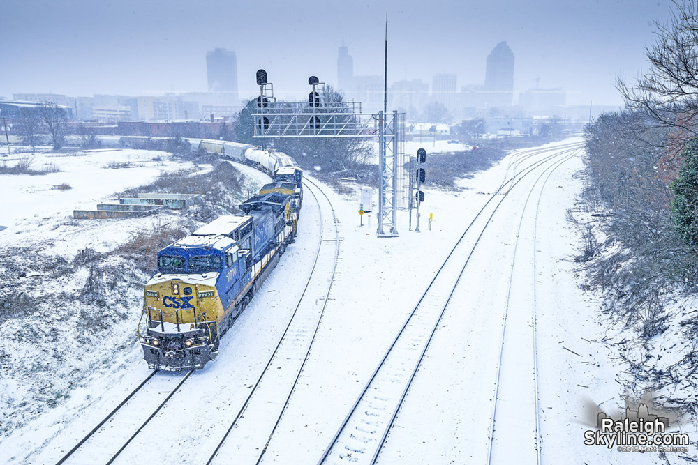 Snowy Train at the Boylan Wye in downtown Raleigh