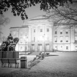 Black and white North Carolina State Capitol in the snow