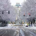 Looking down Hillsborough street in the snow