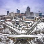 Aerial of Downtown Raleigh in the snow - Dawson and Lenoir Streets