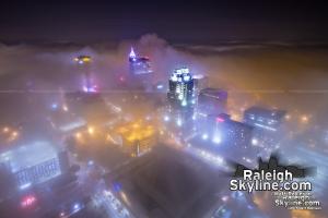 Downtown Raleigh in the fog at night