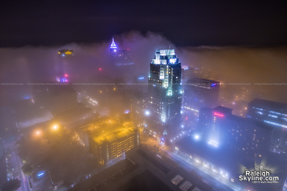 Downtown Raleigh in the fog at night