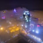 Downtown Raleigh in the fog at night