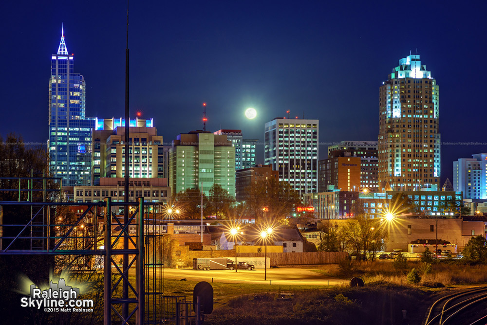 Full moon rise behind Raleigh Skyline