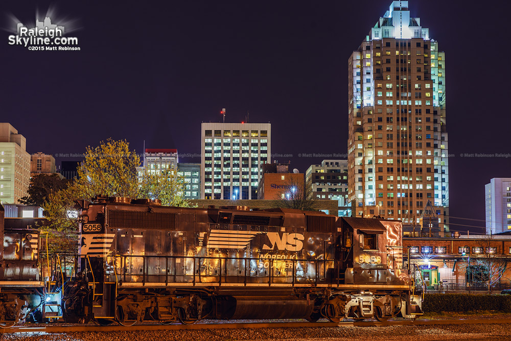 Norfolk Southern locomotives with downtown Raleigh from the Amtrak Platform