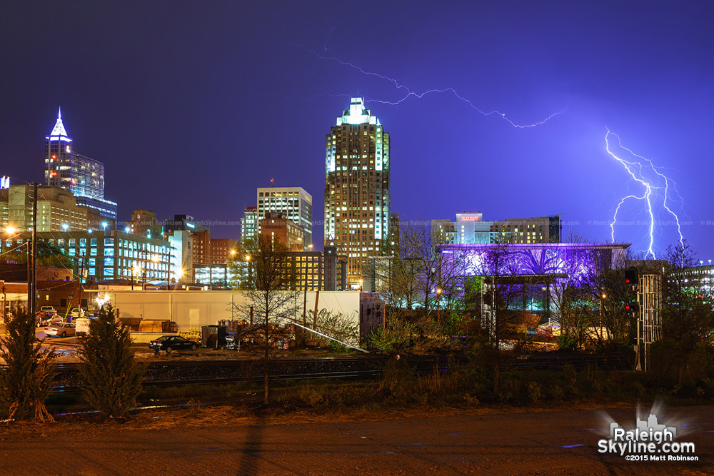 Lightning over the Raleigh skyline in the spring