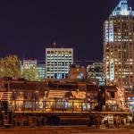 Norfolk Southern locomotives with downtown Raleigh from the Amtrak Platform