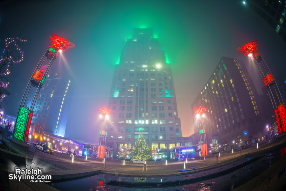 Raleigh City Plaza in the fog at Christmas