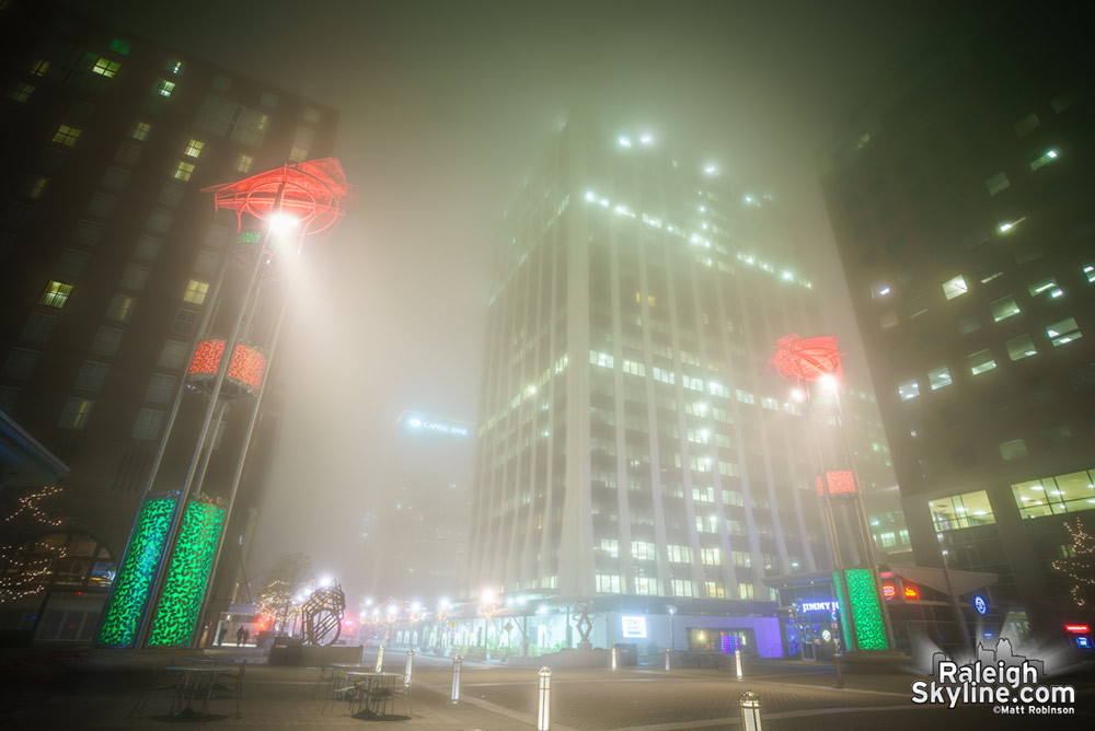 City Plaza and Downtown Raleigh in the fog at night