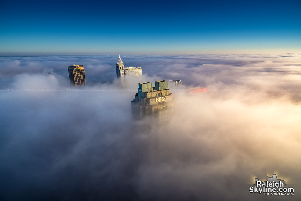 Downtown Raleigh pokes out of fog on December 8, 2015