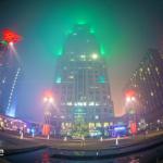 Raleigh City Plaza in the fog at Christmas