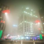 City Plaza and Downtown Raleigh in the fog at night