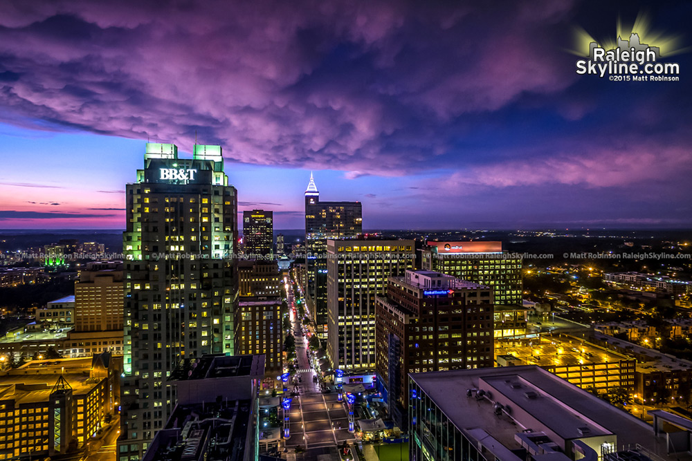 Aerial of Downtown Raleigh Sunset Purple and Blue