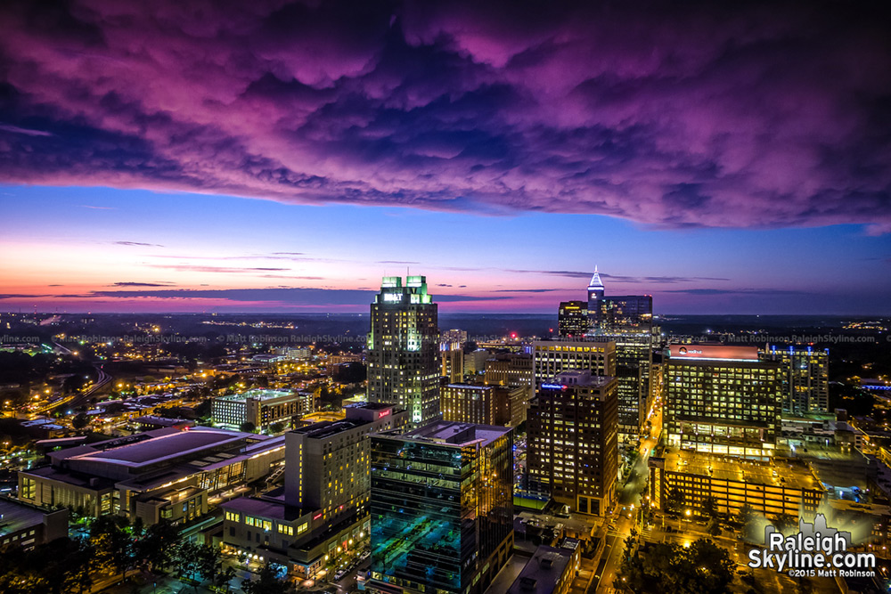 Aerial Sunset over Downtown Raleigh Skyline