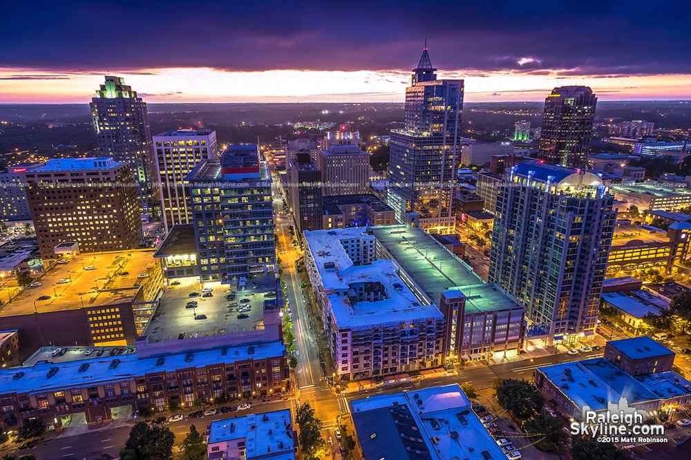 Aerial over downtown Raleigh at night