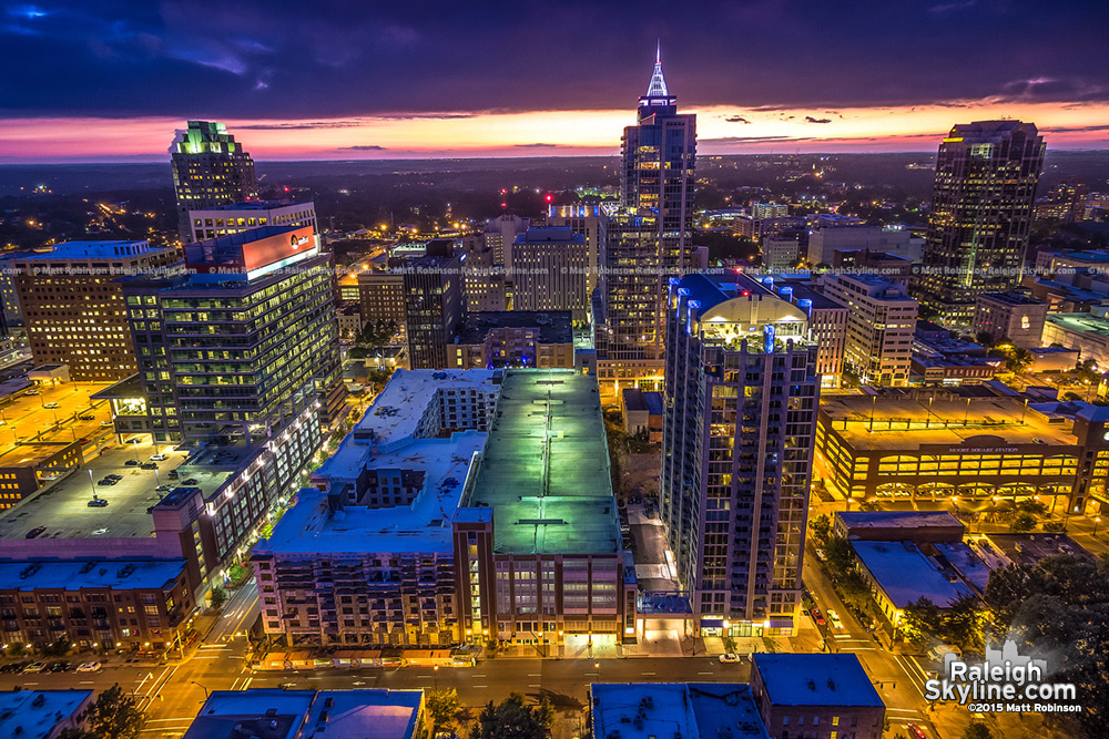 Aerial over downtown Raleigh at night