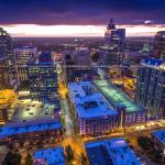 Aerial over downtown Raleigh at night