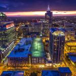 Aerial over downtown Raleigh at night