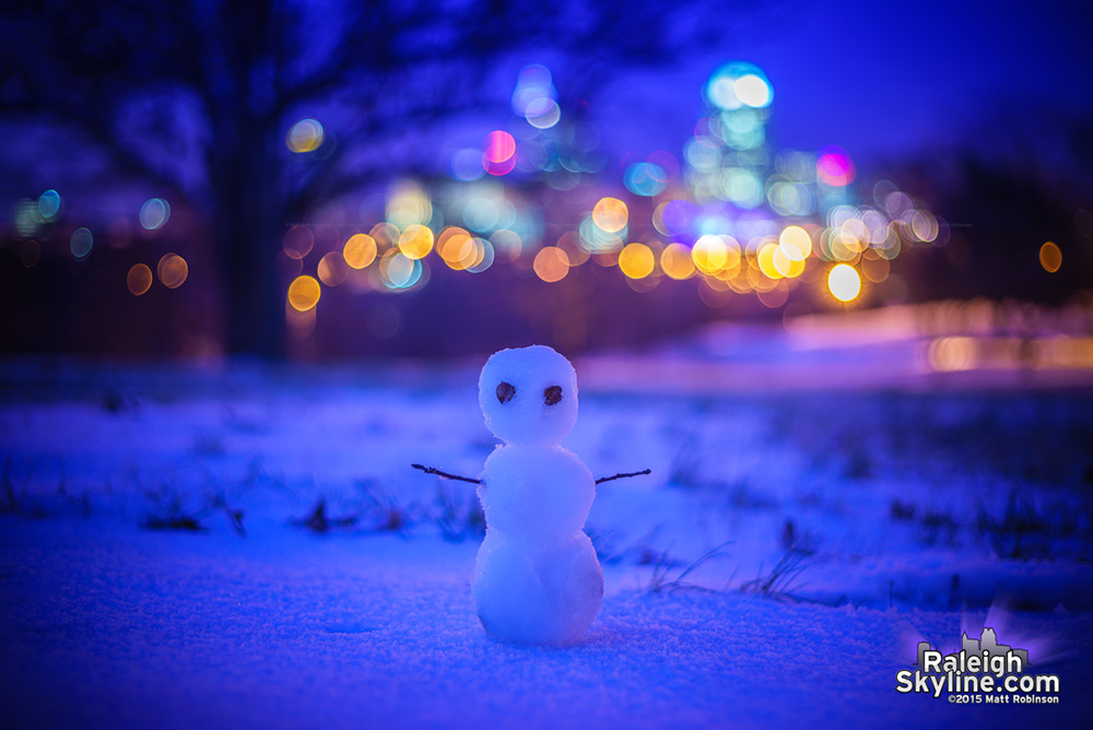 Mini snowman on Dix Hill with downtown Raleigh looming