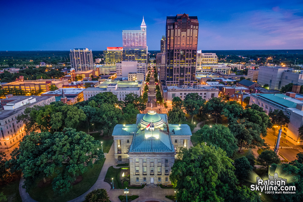 Aerial of Raleigh looking South over the NC Capitol Building