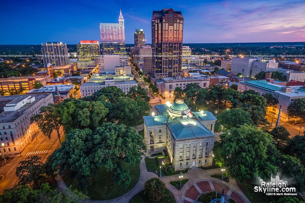 Evening aerial over North Carolina State Capitol