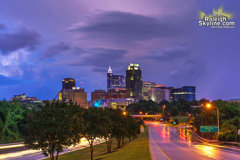 Colorful sunset post thunderstorm over the Raleigh skyline