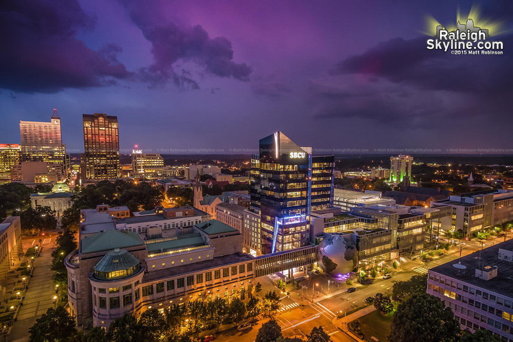 Skies over downtown Raleigh and the daily planet tonight as thunderstorms creep by to the south