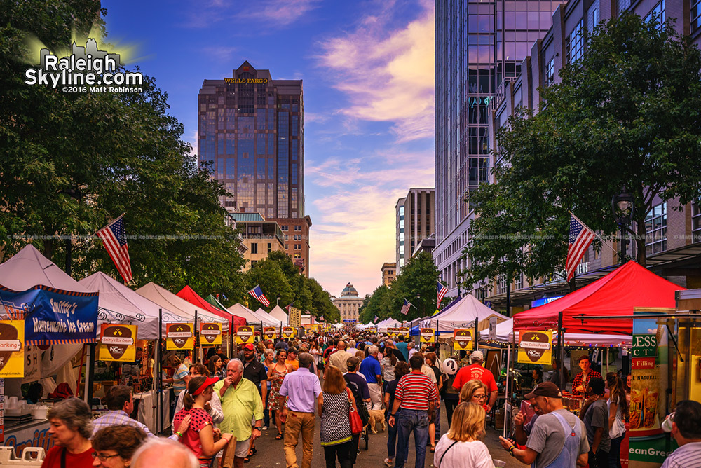 Sunset with Fayetteville Street packed for Wide Open Bluegrass 2016