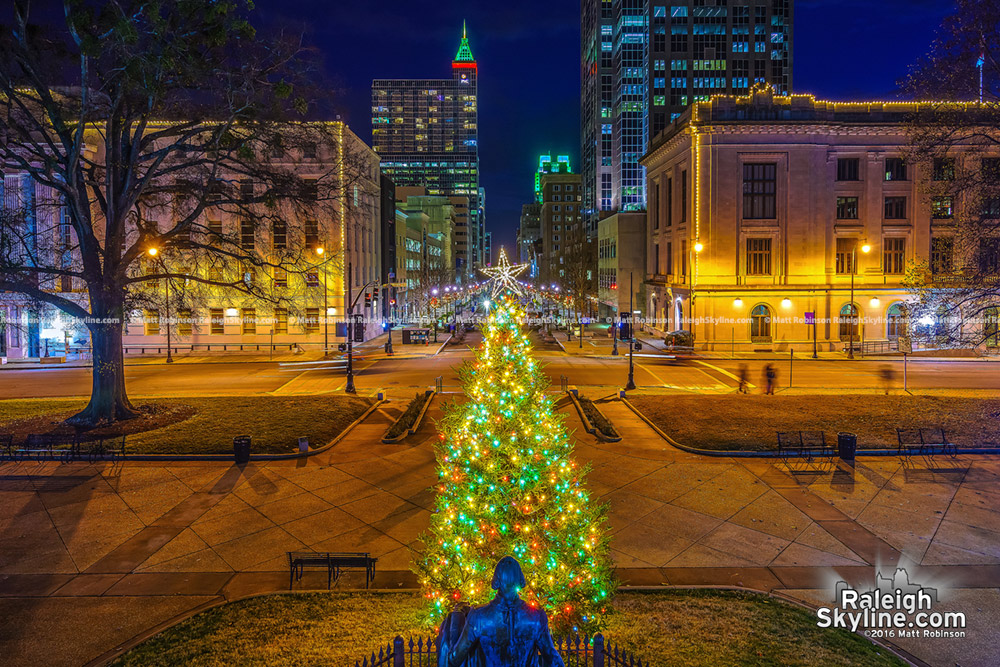 North Carolina State Capitol Christmas tree with downtown Raleigh