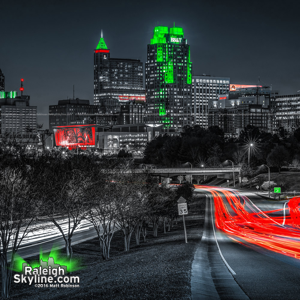 Downtown Raleigh Skyline Black White Red and Green